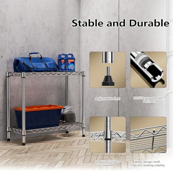 MZG 220 lbs 2 Tier Storage Rack Metal Wire Shelving Unit, Storage Standing Household Shelf Organizer for Laundry Bathroom Kitchen Pantry Closet Garage Utility Room, Chrome 11.8" D x 27.6" W x 23.4" H by M MZG - Image 5
