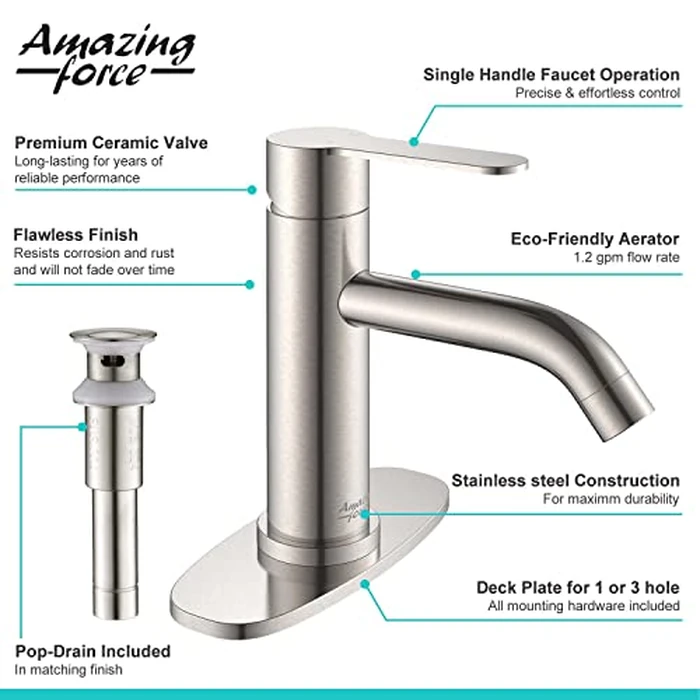 Bathroom Faucet: Single Handle Bathroom Faucet with Pop Up Drain and Deck Plate, Bathroom Faucet 1 Or 3 Hole, Vanity Faucet Sink Drain, Grifo para Lavamanos Baño, Brushed Nickel by AMAZING FORCE - Image 3
