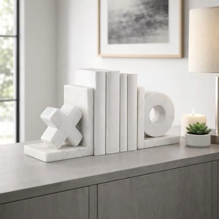 Sagebrook Home Chic Marble X and O Bookends, Set of 2 Sophisticated White, 5-Inch - Elevate Your Shelves with Style & Elegance, Idea, Trendy Home Decor by Sagebrook Home - Image 3