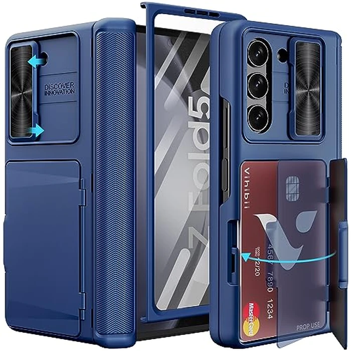 Vihibii for Samsung Galaxy Z Fold 5 Case with Card Holder & Slide Camera Lens Cover & Hinge Protection & Screen Protector, Heavy Duty Rugged Wallet Phone Case for Samsung Galaxy Z Fold 5 5G 2023, Blue by Vihibii - Used - Acceptable condition