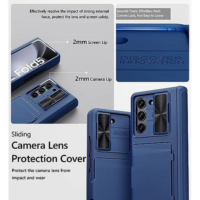 Vihibii for Samsung Galaxy Z Fold 5 Case with Card Holder & Slide Camera Lens Cover & Hinge Protection & Screen Protector, Heavy Duty Rugged Wallet Phone Case for Samsung Galaxy Z Fold 5 5G 2023, Blue by Vihibii - Image 3