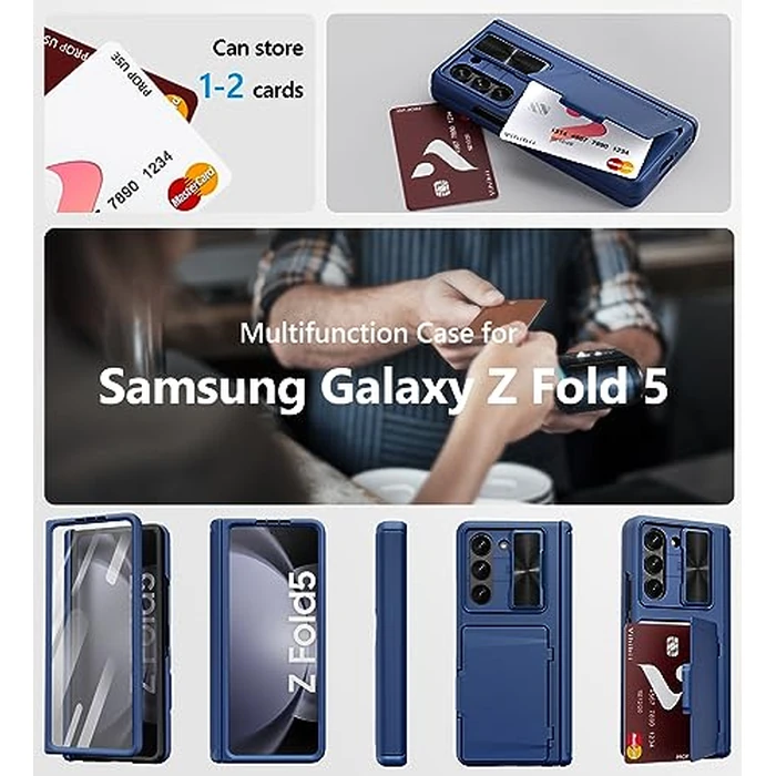 Vihibii for Samsung Galaxy Z Fold 5 Case with Card Holder & Slide Camera Lens Cover & Hinge Protection & Screen Protector, Heavy Duty Rugged Wallet Phone Case for Samsung Galaxy Z Fold 5 5G 2023, Blue by Vihibii - Image 7