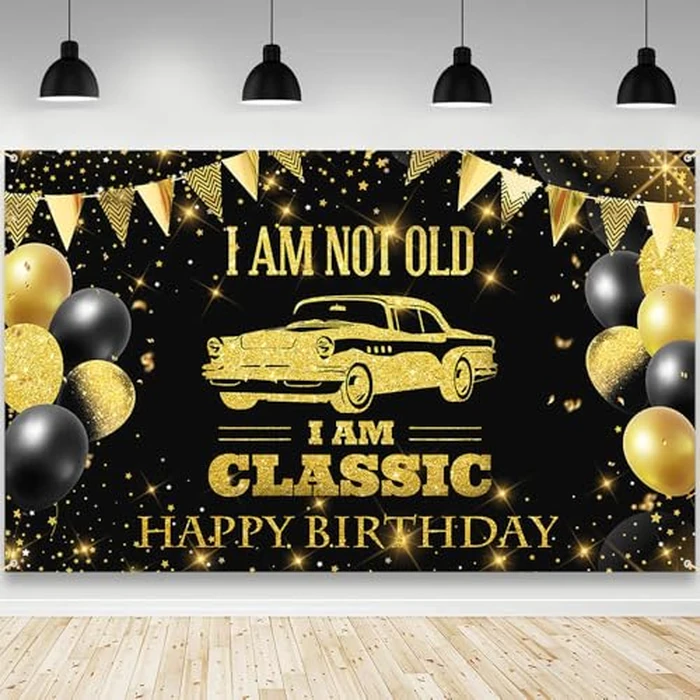 AIBIIN Black Gold Birthday Backdrop for Men I'm Not Old I'm Classic Photography Background Classic Car Birthday Party Decorations Banner Photo Studio Props 70.8 x 43.3 inch by AIBIIN - Used - Like New condition - US$7.03