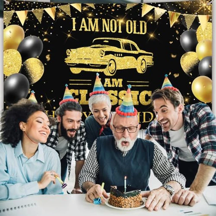 AIBIIN Black Gold Birthday Backdrop for Men I'm Not Old I'm Classic Photography Background Classic Car Birthday Party Decorations Banner Photo Studio Props 70.8 x 43.3 inch by AIBIIN - Image 4
