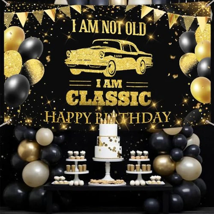 AIBIIN Black Gold Birthday Backdrop for Men I'm Not Old I'm Classic Photography Background Classic Car Birthday Party Decorations Banner Photo Studio Props 70.8 x 43.3 inch by AIBIIN - Image 5