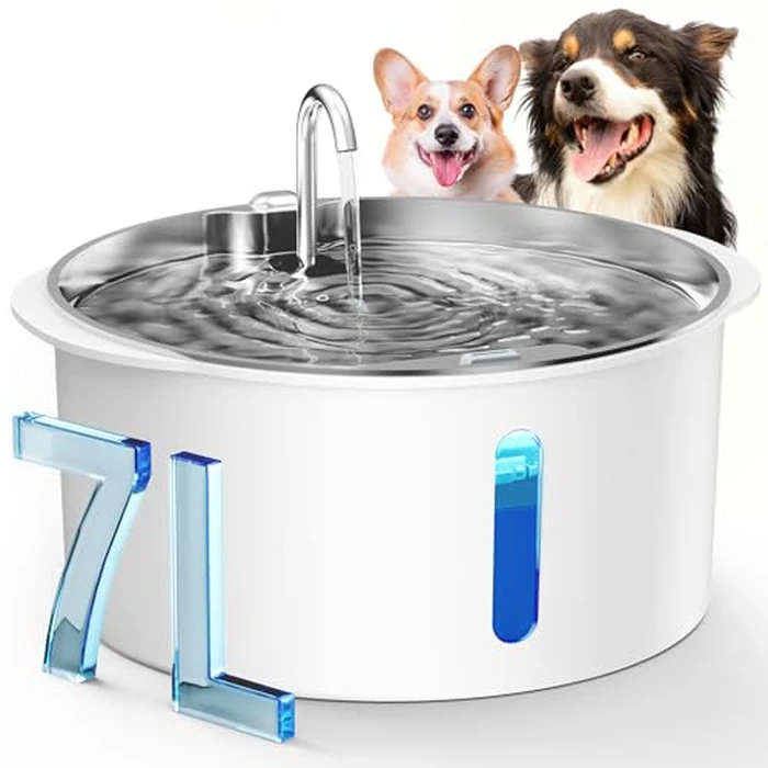 Pektaco Dog Water Fountain for Large Dogs, 1.8Gal/7L Pet Water Fountain, Dog Water Bowl Dispenser with Viewing Window & LED, Super Quiet, Stainless Steel Tray Easy Clean BPA-Free(with 1 Filters) by PEKTACO - Image 1