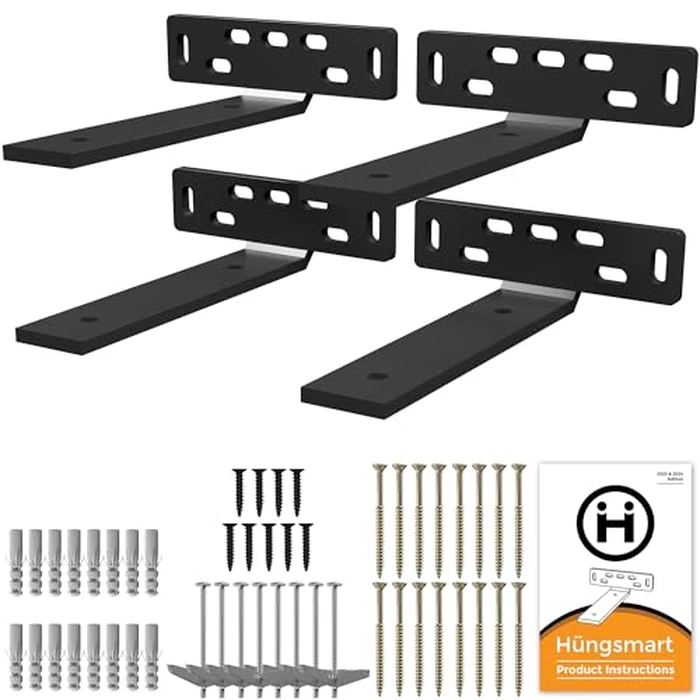 Hüngsmart 4 x L Shelf Brackets (6.5" D x 5" W x 1 1/4" H) Heavy Duty Shelving Hardware, Suited for Rustic, Industrial, Farmhouse Decor, Floating Shelves Support , All Mouting Hardware Included-Black by Hungsmart - Used - Like New condition - US$21.85