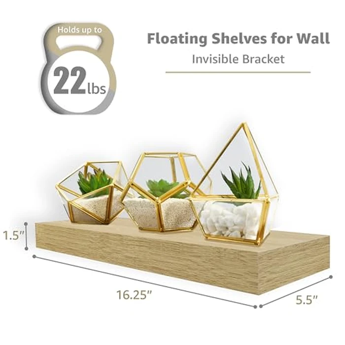 Sorbus Floating Shelves for Wall - 16 Inch Floating Shelf for Kitchen, Bedroom, Living Room, Bathroom, Home & Wall Decor - Mounted Bathroom Shelves with Invisible Brackets (Maple Wood, 2 Pack) by Sorbus - Image 2