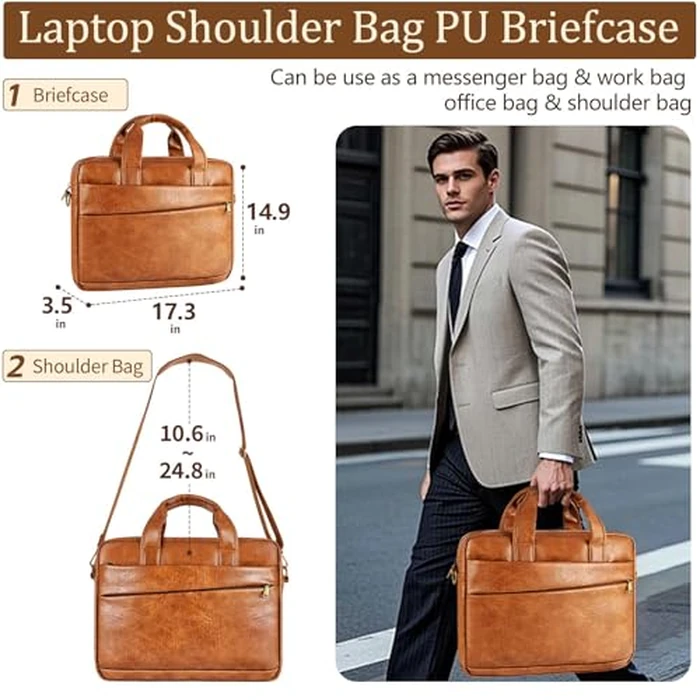 Faux Leather Messenger Bag for Men 17-17.3 Inch: Laptop Bag Briefcase Computer Handbags Shoulder Crossbody Bag with Padded Laptop Sleeve for Work College, Brown by Stuery - Image 3
