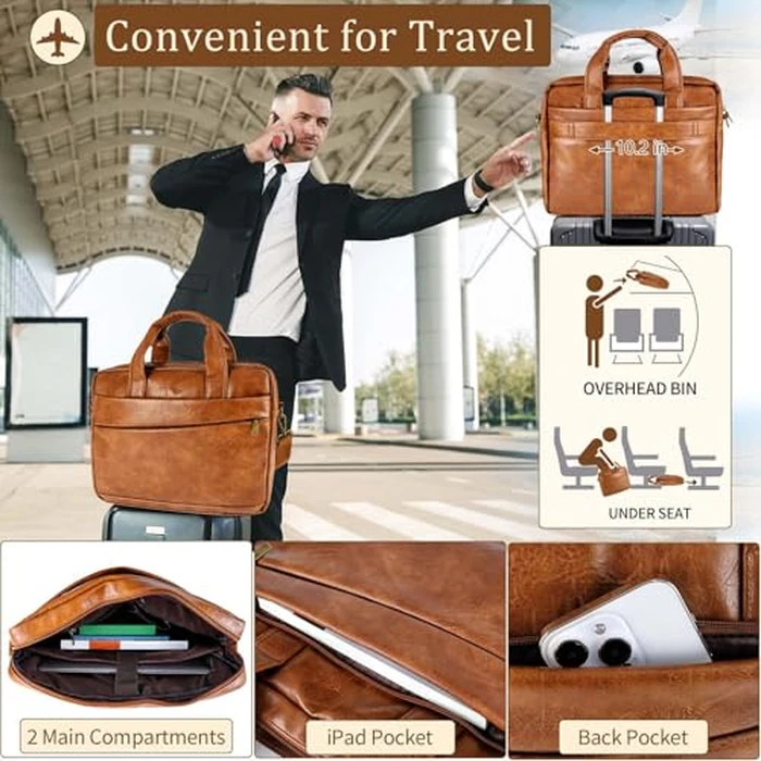Faux Leather Messenger Bag for Men 17-17.3 Inch: Laptop Bag Briefcase Computer Handbags Shoulder Crossbody Bag with Padded Laptop Sleeve for Work College, Brown by Stuery - Image 4