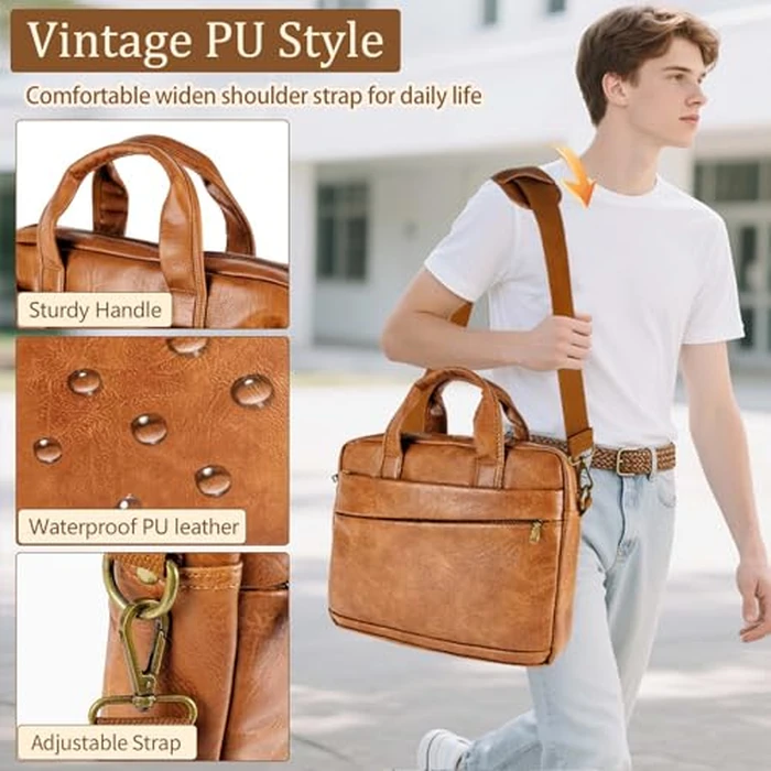 Faux Leather Messenger Bag for Men 17-17.3 Inch: Laptop Bag Briefcase Computer Handbags Shoulder Crossbody Bag with Padded Laptop Sleeve for Work College, Brown by Stuery - Image 6