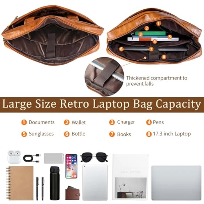 Faux Leather Messenger Bag for Men 17-17.3 Inch: Laptop Bag Briefcase Computer Handbags Shoulder Crossbody Bag with Padded Laptop Sleeve for Work College, Brown by Stuery - Image 8