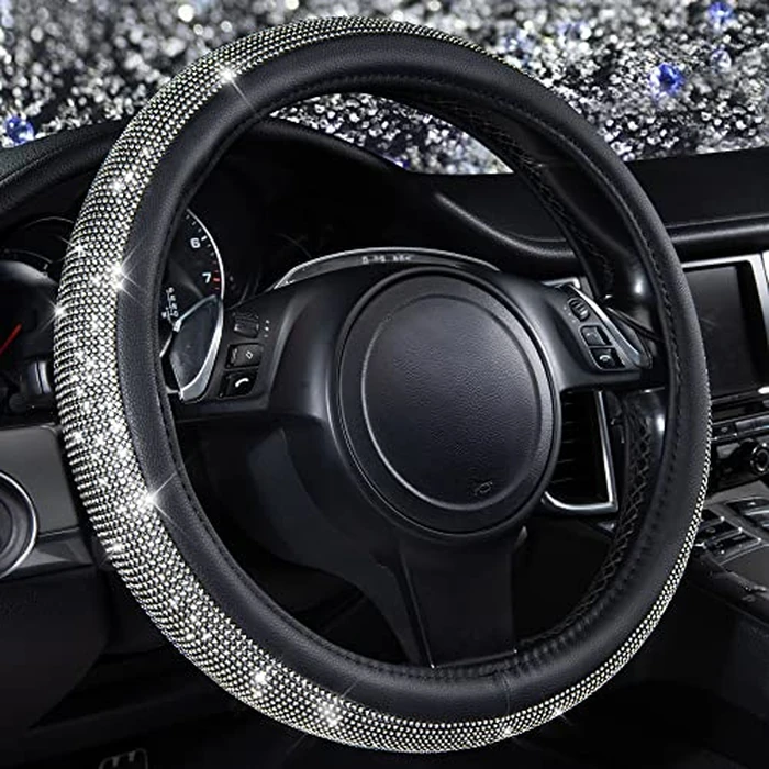 CAR PASS Diamond Black Leather Steering Wheel Cover, with Bling Crystal Rhinestones Universal Fit 14" 1/2-15" Crystal Glitter for Women Sparkle Girl Fit Suvs,Vans,Sedans,Cars,Trucks, White Diamond by CAR PASS - Used - Acceptable condition - CA$11.65