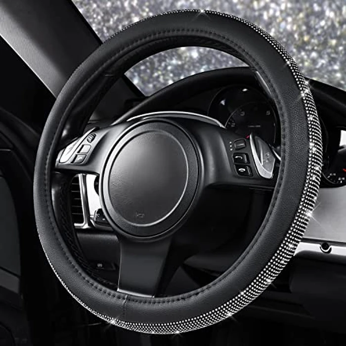 CAR PASS Diamond Black Leather Steering Wheel Cover, with Bling Crystal Rhinestones Universal Fit 14" 1/2-15" Crystal Glitter for Women Sparkle Girl Fit Suvs,Vans,Sedans,Cars,Trucks, White Diamond by CAR PASS - Image 4