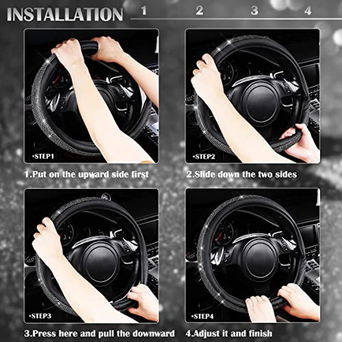 CAR PASS Diamond Black Leather Steering Wheel Cover, with Bling Crystal Rhinestones Universal Fit 14" 1/2-15" Crystal Glitter for Women Sparkle Girl Fit Suvs,Vans,Sedans,Cars,Trucks, White Diamond by CAR PASS - Image 7