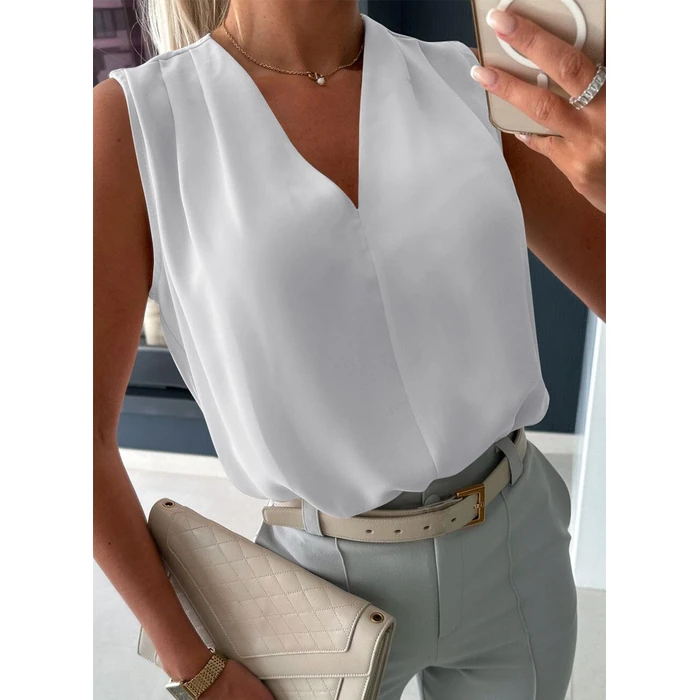 EVALESS Sleeveless Blouses for Women Dressy Casual Summer Pleated V Neck Work Tank Tops Trendy 2025 White XL by EVALESS - Image 2