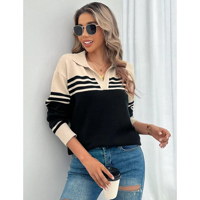 CiCiBird Women 2024 Trendy V Neck Sweater Color Block Polo Long Sleeve Shirt Fall Striped Pullover Sweaters Apricot Black XL by CiCiBird - Image 4