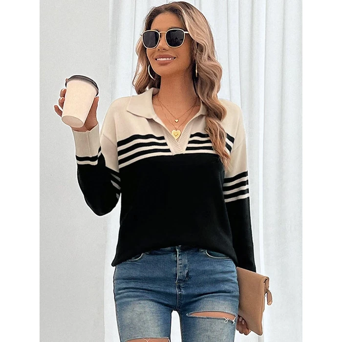 CiCiBird Women 2024 Trendy V Neck Sweater Color Block Polo Long Sleeve Shirt Fall Striped Pullover Sweaters Apricot Black XL by CiCiBird - Image 5