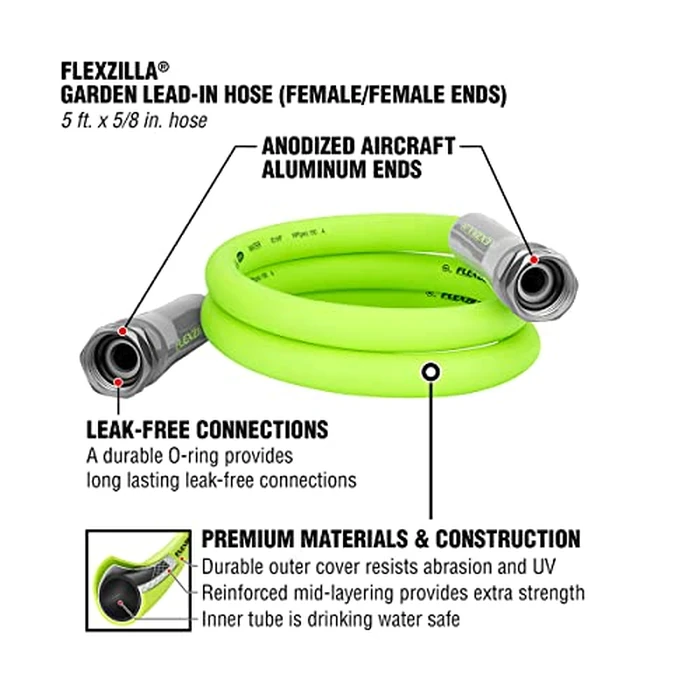 Flexzilla Garden Lead-in Hose, 5/8" x 5', Female/Female 3/4" - 11 1/2 GHT Fittings by Flexzilla - Image 2