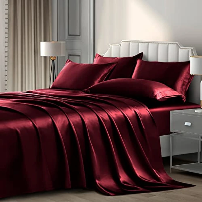 P Pothuiny 6 Pieces Queen Satin Sheets Luxury Silky Burgundy Satin Bedding Sheet Set, 1 Deep Pocket Fitted Sheet + 1 Flat Sheet + 4 Pillow Cases by P Pothuiny - Used - Like New condition