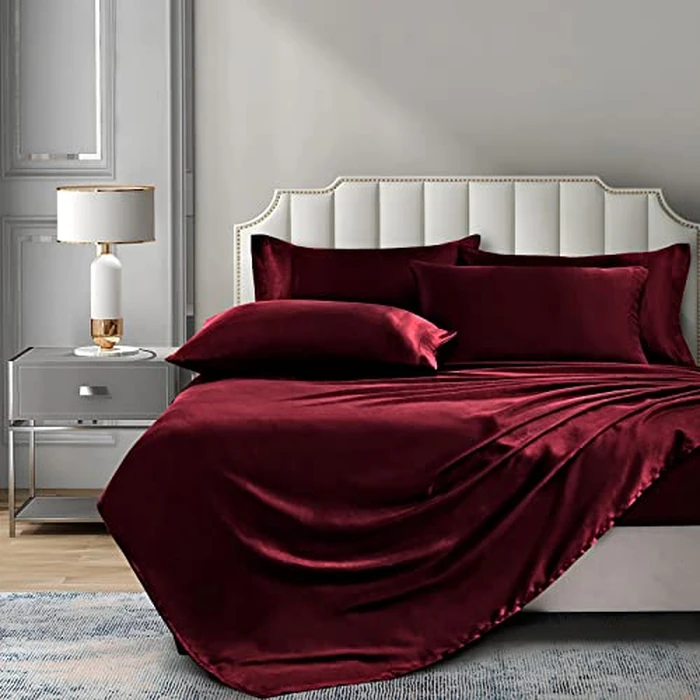 P Pothuiny 6 Pieces Queen Satin Sheets Luxury Silky Burgundy Satin Bedding Sheet Set, 1 Deep Pocket Fitted Sheet + 1 Flat Sheet + 4 Pillow Cases by P Pothuiny - Image 2
