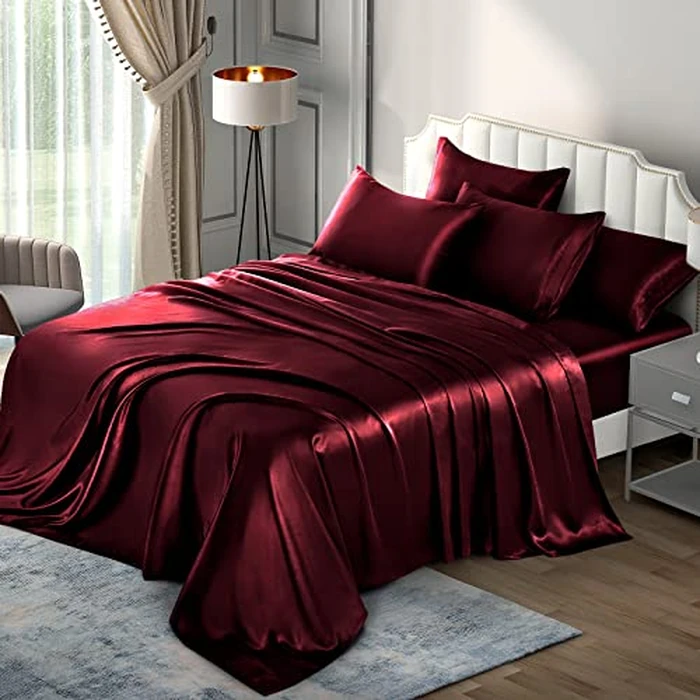 P Pothuiny 6 Pieces Queen Satin Sheets Luxury Silky Burgundy Satin Bedding Sheet Set, 1 Deep Pocket Fitted Sheet + 1 Flat Sheet + 4 Pillow Cases by P Pothuiny - Image 3