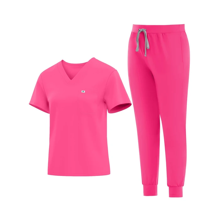 Eadflie Medical Scrubs Set for Women - Classic V-Neck Top & Jogger Pants with Stretch Nursing Uniform Scrub Suit - (Hot Pink/M) by Eadflie - Used - Like New condition