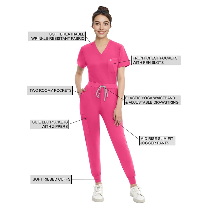 Eadflie Medical Scrubs Set for Women - Classic V-Neck Top & Jogger Pants with Stretch Nursing Uniform Scrub Suit - (Hot Pink/M) by Eadflie - Image 7