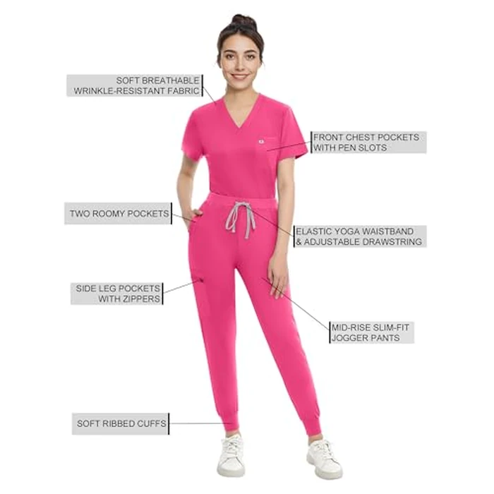 Eadflie Medical Scrubs Set for Women - Classic V-Neck Top & Jogger Pants with Stretch Nursing Uniform Scrub Suit - (Hot Pink/M) by Eadflie - Image 8