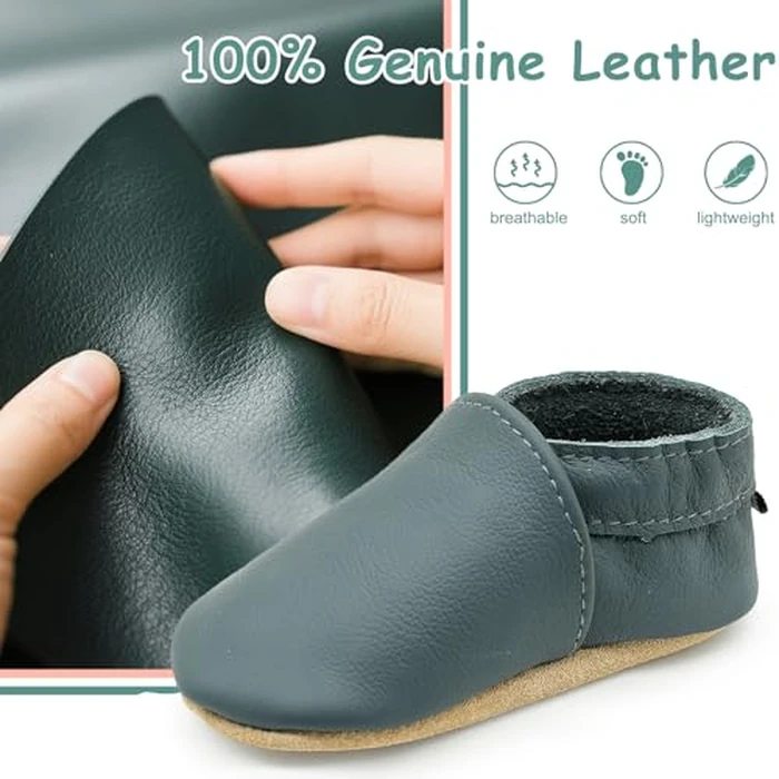 Aijoviko Genuine Leather Baby Booties Soft Sole Toddler Walking Shoes Flexible&Breathable Baby Slippers for First Walkers Boys Girls(Darkgreen 12-18months) by Aijoviko - Image 3