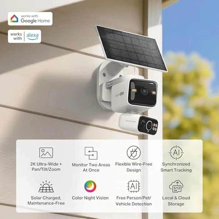 Tapo 2K Dual Lens 360 degrees Pan/Tilt Security Battery Camera Wireless w/Solar Panel, 165 degrees Wide View + 6mm Telephoto, Free Person/Vehicle Detection, SD/Cloud Storage, Works w/Alexa & Google (Tapo C645D KIT) by Tapo - Image 1