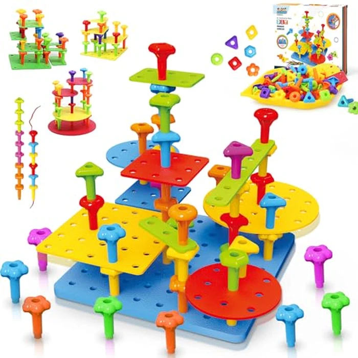 Peg Board Toy set 73Pcs DIY Building Stacking Toys for Kids 3-6 Years Old,STEM Educational Kids Toy for Brain Development,Montessori Sensory Toys,Upgrade Various Foam Board Plastic Lacing String Game by Ggiibro - Used - Very Good condition - US$15.23