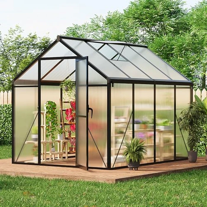 6x10 FT Greenhouse for Outdoors, Polycarbonate Greenhouse with Roof Vent, Ground Nails, Lockable Hinged Door, Aluminum Large Walk-in Green House for Outside Garden Backyard, Patio, Lawn, Black by ActiveTrail - Used - Like New condition