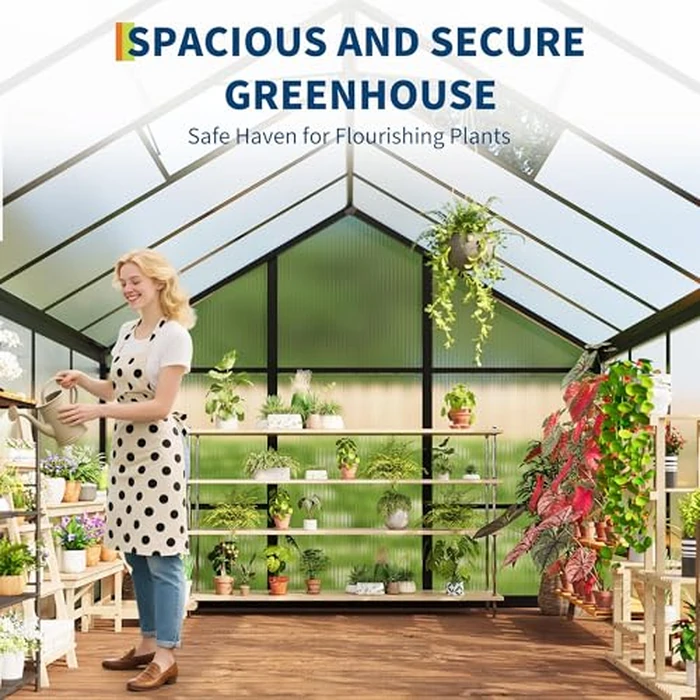 6x10 FT Greenhouse for Outdoors, Polycarbonate Greenhouse with Roof Vent, Ground Nails, Lockable Hinged Door, Aluminum Large Walk-in Green House for Outside Garden Backyard, Patio, Lawn, Black by ActiveTrail - Image 2