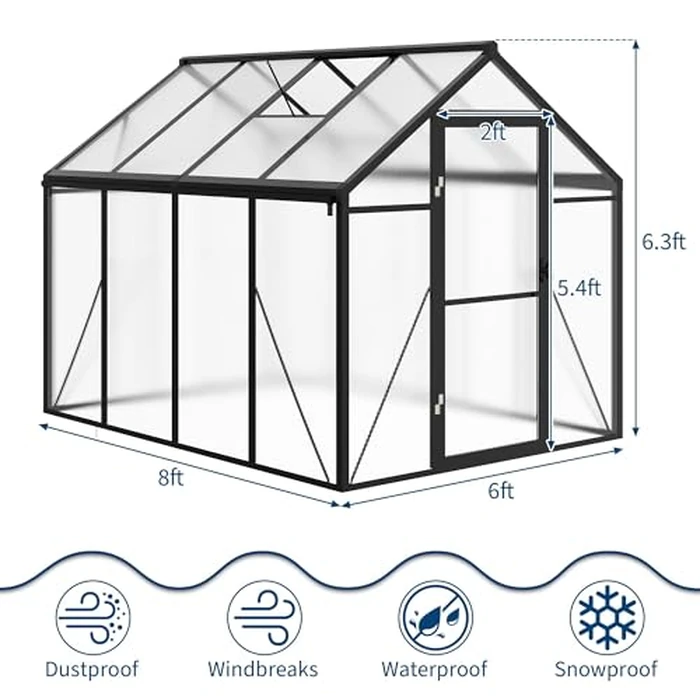 6x10 FT Greenhouse for Outdoors, Polycarbonate Greenhouse with Roof Vent, Ground Nails, Lockable Hinged Door, Aluminum Large Walk-in Green House for Outside Garden Backyard, Patio, Lawn, Black by ActiveTrail - Image 4