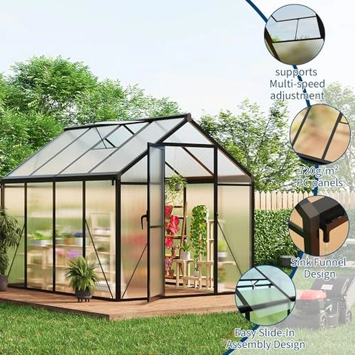 6x10 FT Greenhouse for Outdoors, Polycarbonate Greenhouse with Roof Vent, Ground Nails, Lockable Hinged Door, Aluminum Large Walk-in Green House for Outside Garden Backyard, Patio, Lawn, Black by ActiveTrail - Image 5