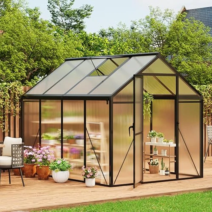 6x10 FT Greenhouse for Outdoors, Polycarbonate Greenhouse with Roof Vent, Ground Nails, Lockable Hinged Door, Aluminum Large Walk-in Green House for Outside Garden Backyard, Patio, Lawn, Black by ActiveTrail - Image 9