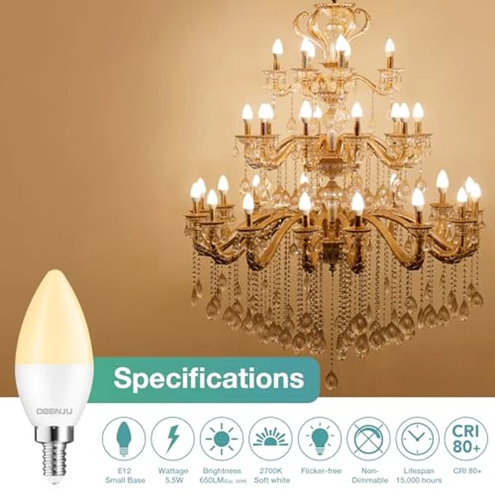 DEGNJU LED Candelabra Light Bulbs 60W Equivalent, Chandelier Light Bulbs Soft White 2700K, E12 LED Bulb, Type B Light Bulb 5.5W, Candelabra Base, 120V, B11 Candle Light Bulb, Non-Dimmable, 10 Pack by DEGNJU - Image 2