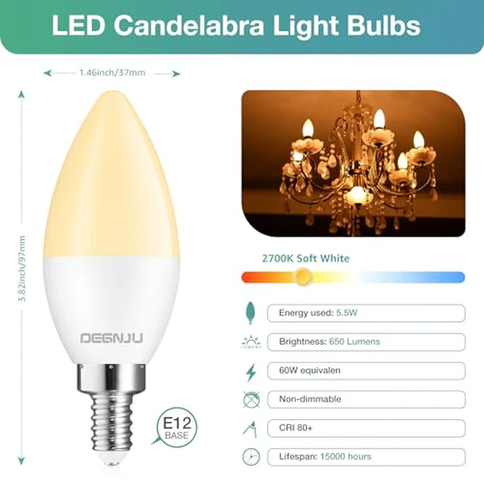 DEGNJU LED Candelabra Light Bulbs 60W Equivalent, Chandelier Light Bulbs Soft White 2700K, E12 LED Bulb, Type B Light Bulb 5.5W, Candelabra Base, 120V, B11 Candle Light Bulb, Non-Dimmable, 10 Pack by DEGNJU - Image 3