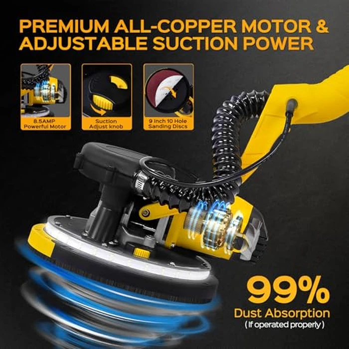 Drywall Sander Tool, KUPERIA 8.5 Amp Popcorn Ceiling Removal Tool with 7 Variable Speed 800-1800RPM, Electric Drywall Sander with Extendable Handle, LED Light,6 Basic Sand Paper & 6 Grid Sandpaper by KUPERIA - Image 2