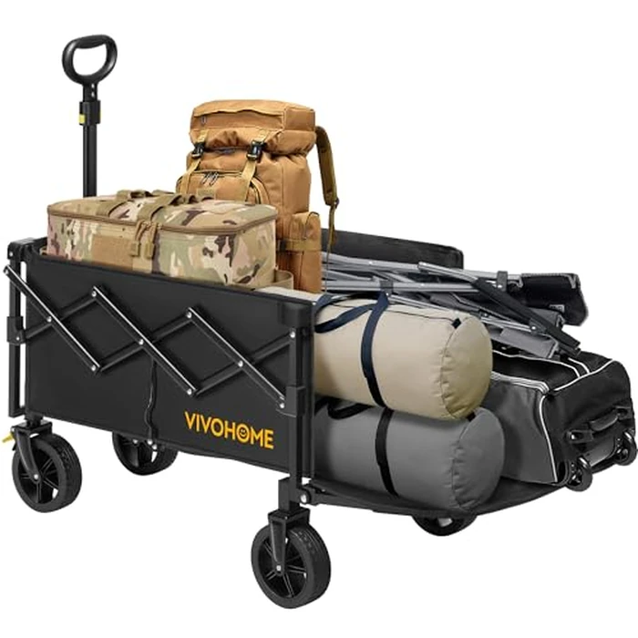 VIVOHOME 130L Collapsible Wagon with Tailgate, 320lb Load-Bearing Outdoor Utility with All-Terrain Wheels, Adjustable Handle, Cup Holders for Camping, Shopping, Garden, Sports, Picnic, Black by VIVOHOME - Used - Very Good condition - US$38.99