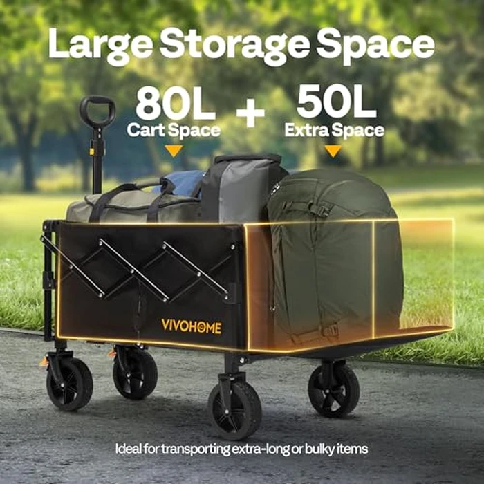 VIVOHOME 130L Collapsible Wagon with Tailgate, 320lb Load-Bearing Outdoor Utility with All-Terrain Wheels, Adjustable Handle, Cup Holders for Camping, Shopping, Garden, Sports, Picnic, Black by VIVOHOME - Image 2