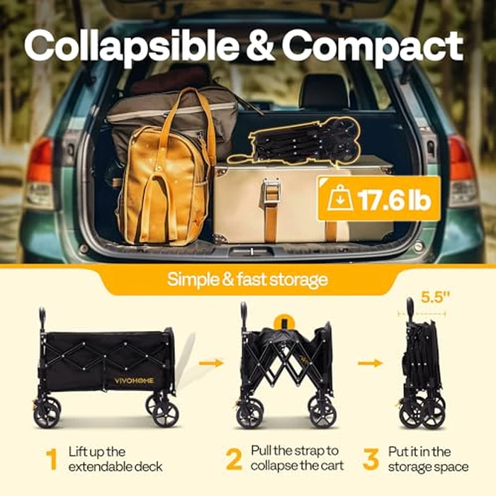 VIVOHOME 130L Collapsible Wagon with Tailgate, 320lb Load-Bearing Outdoor Utility with All-Terrain Wheels, Adjustable Handle, Cup Holders for Camping, Shopping, Garden, Sports, Picnic, Black by VIVOHOME - Image 6