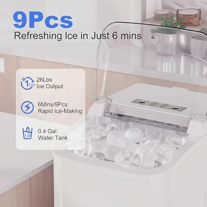 NEWBULIG Ice Makers Countertop with Handle, Portable Ice Machine, 9 Bullet Ice Cubes in 6 Mins, 26lbs in 24Hrs, Auto-Cleaning, with Basket and Scoop, for Home, Kitchen, RV, Camping,White by NEWBULIG - Image 3