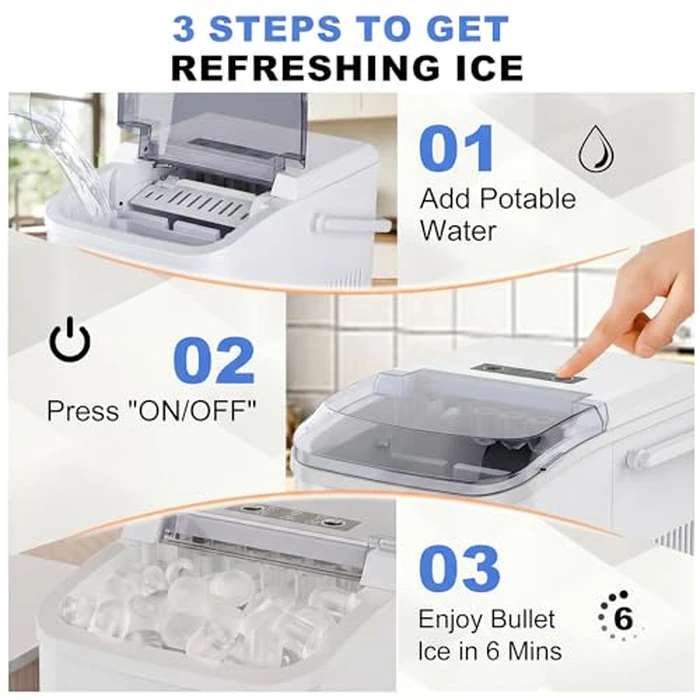 NEWBULIG Ice Makers Countertop with Handle, Portable Ice Machine, 9 Bullet Ice Cubes in 6 Mins, 26lbs in 24Hrs, Auto-Cleaning, with Basket and Scoop, for Home, Kitchen, RV, Camping,White by NEWBULIG - Image 5