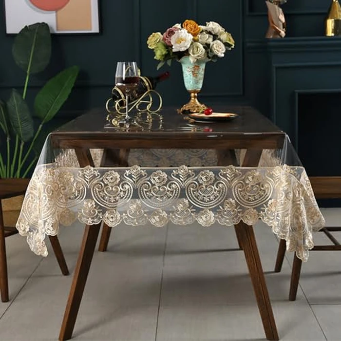 Clear Plastic Rectangle Tablecloth Vinyl Waterproof Table Cloth Embroidered Lace Edge Transparent Table Cover for Dining Kitchen Outdoor(60 x 86 inch, Coffee Style 1) by Rakila - Image 1