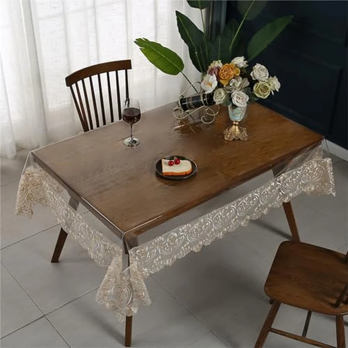 Clear Plastic Rectangle Tablecloth Vinyl Waterproof Table Cloth Embroidered Lace Edge Transparent Table Cover for Dining Kitchen Outdoor(60 x 86 inch, Coffee Style 1) by Rakila - Image 3