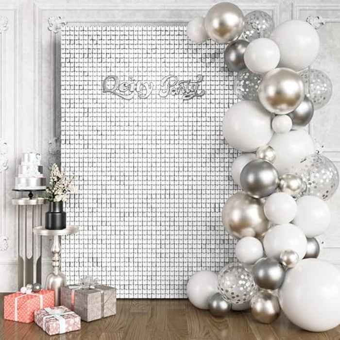 Qcity Matte White Shimmer Wall Backdrop, 24PCS Square Sequin Glitter Backdrop Panel for Birthdays, Wedding, Anniversary, Graduation, Engagement, Baby Shower and Disco Party Decoration by Qcity - Image 1
