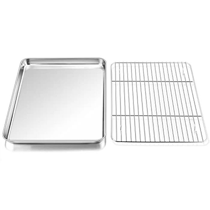 P&P CHEF 12.5 Inch Baking Sheet Pan with Rack Set, Stainless Steel Cookie Sheet Pan Tray with Cooling Rack for Oven Use, Cooking Roasting, Non Toxic & Dishwasher Safe, Heavy Duty by P&P CHEF - Used - Very Good condition