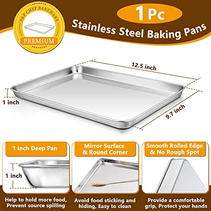 P&P CHEF 12.5 Inch Baking Sheet Pan with Rack Set, Stainless Steel Cookie Sheet Pan Tray with Cooling Rack for Oven Use, Cooking Roasting, Non Toxic & Dishwasher Safe, Heavy Duty by P&P CHEF - Image 2